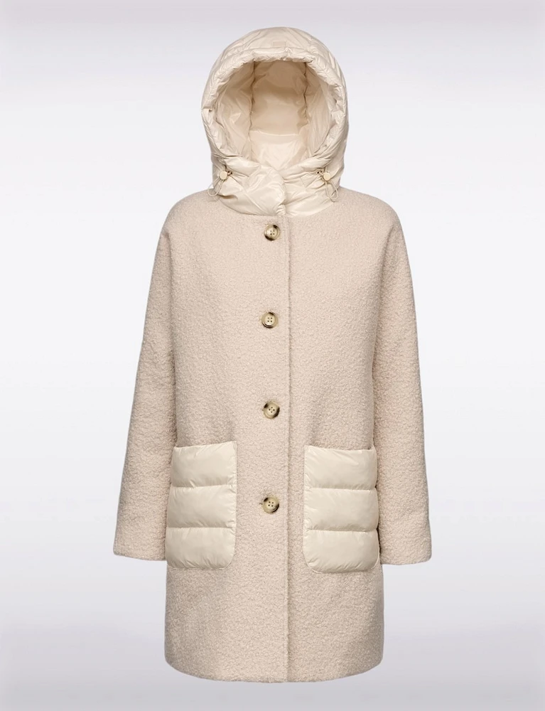 Chic Oversized Bouclé Recycled Down Puffer Hood and Pocket Jacket by Geox