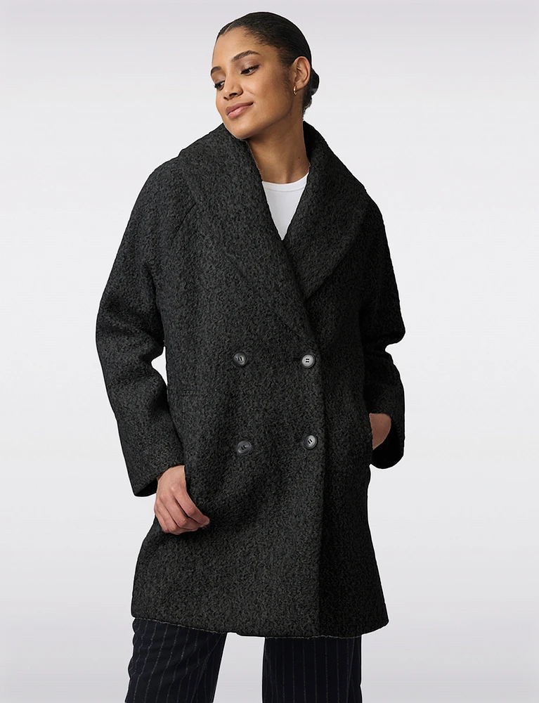 Vegan Lined Double-Breasted Pressed Bouclé Shawl Collar Coat by Bernardo