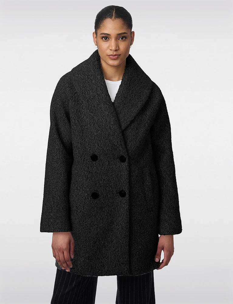 Vegan Lined Double-Breasted Pressed Bouclé Shawl Collar Coat by Bernardo