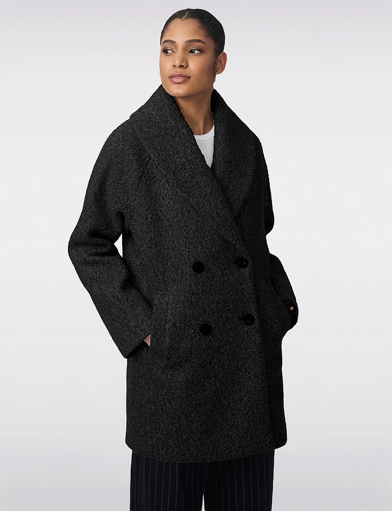 Vegan Lined Double-Breasted Pressed Bouclé Shawl Collar Coat by Bernardo