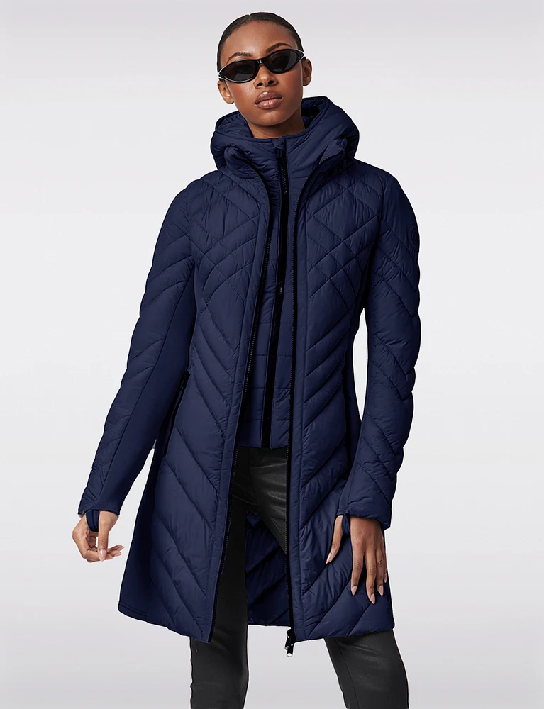 Packable Vegan Quilted Hooded  Puffer Jacket with Side Knit Panels by Bernardo