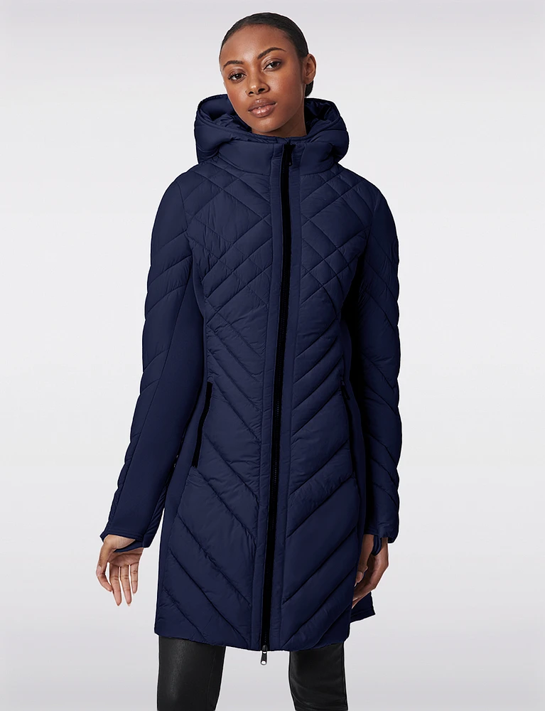 Packable Vegan Quilted Hooded  Puffer Jacket with Side Knit Panels by Bernardo