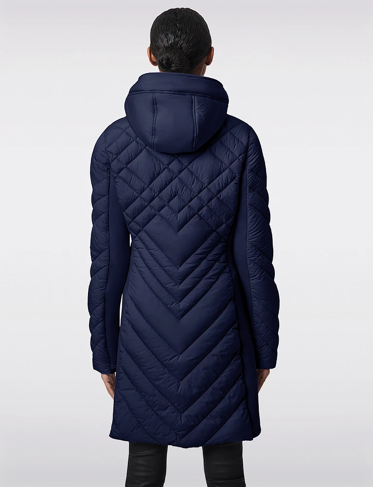 Packable Vegan Quilted Hooded  Puffer Jacket with Side Knit Panels by Bernardo