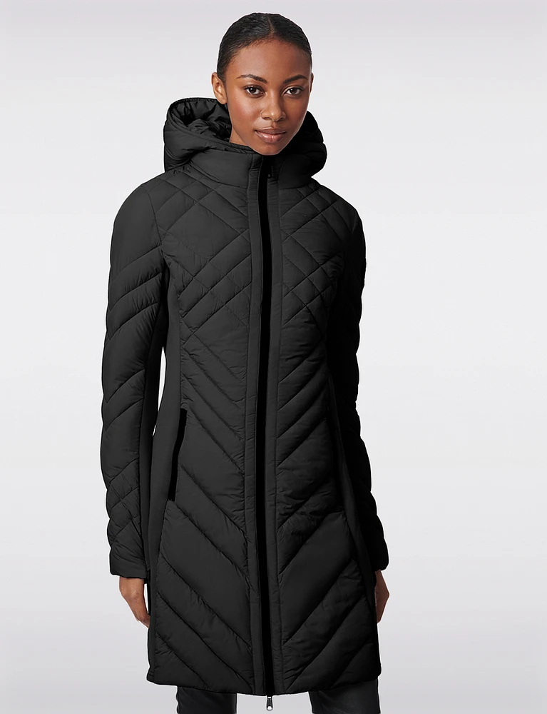 Packable Vegan Quilted Hooded  Puffer Jacket with Side Knit Panels by Bernardo