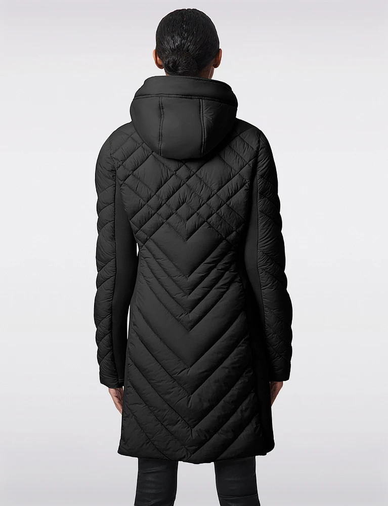 Packable Vegan Quilted Hooded  Puffer Jacket with Side Knit Panels by Bernardo