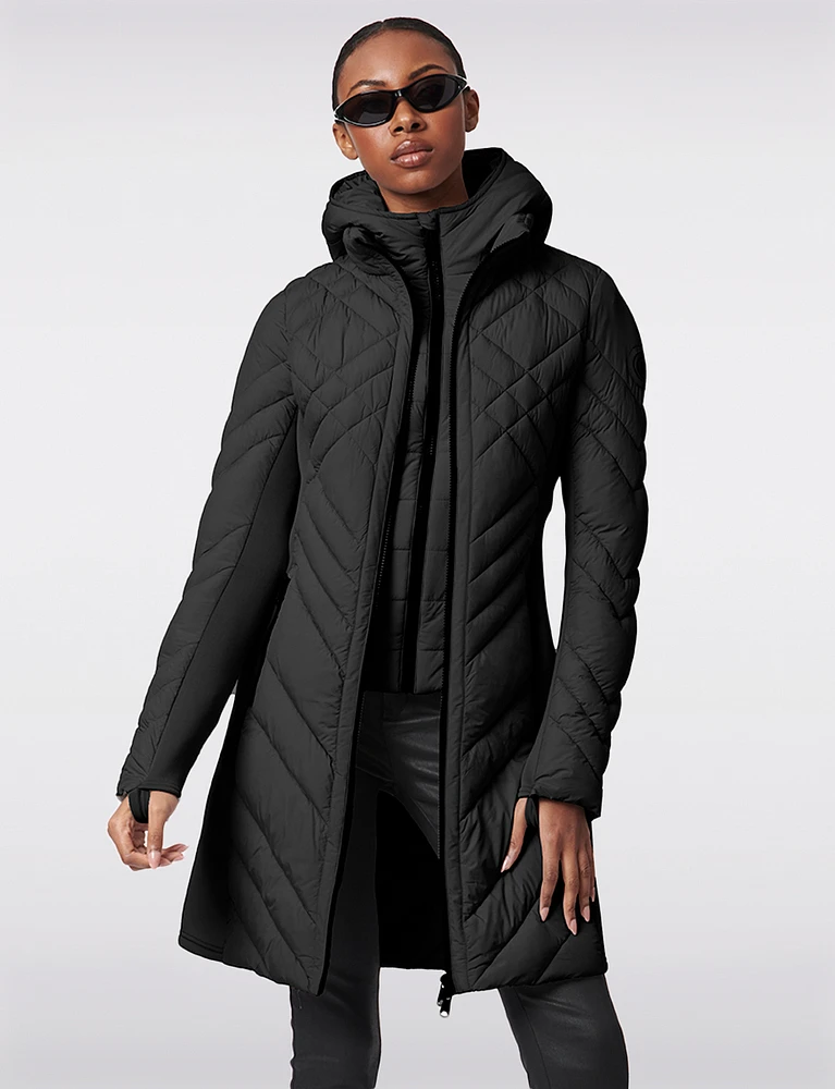 Packable Vegan Quilted Hooded  Puffer Jacket with Side Knit Panels by Bernardo