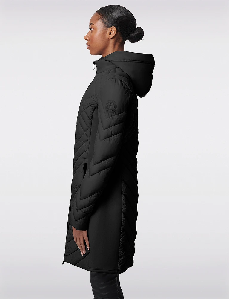 Packable Vegan Quilted Hooded  Puffer Jacket with Side Knit Panels by Bernardo