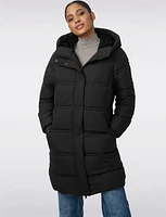 Vegan Faux Fur Lined Hooded Drawstring Cinchable Waist Puffer Jacket by Bernardo