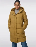 Vegan Faux Fur Lined Hooded Drawstring Cinchable Waist Puffer Jacket by Bernardo