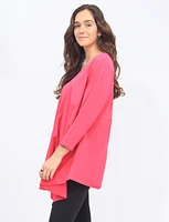 Solid V-neck Cotton Top With Asymmetrical Hem And 3/4 Sleeves By Froccella