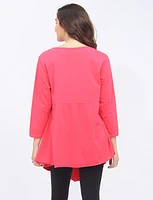 Solid V-neck Cotton Top With Asymmetrical Hem And 3/4 Sleeves By Froccella