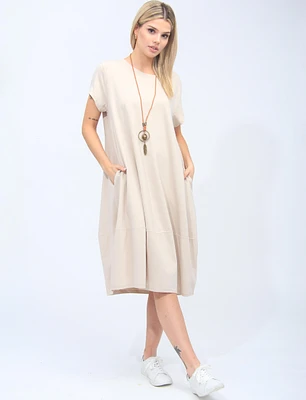 Short Sleeve Soft Cotton Round Neck Long Dress With Necklace by Froccella