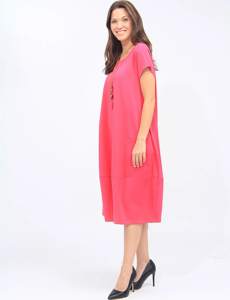 Short Sleeve Soft Cotton Round Neck Long Dress With Necklace by Froccella