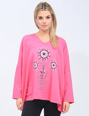 Rhinestone Dandelion Print Three-Quarter Sleeve V-Neck Cotton Top by Froccella