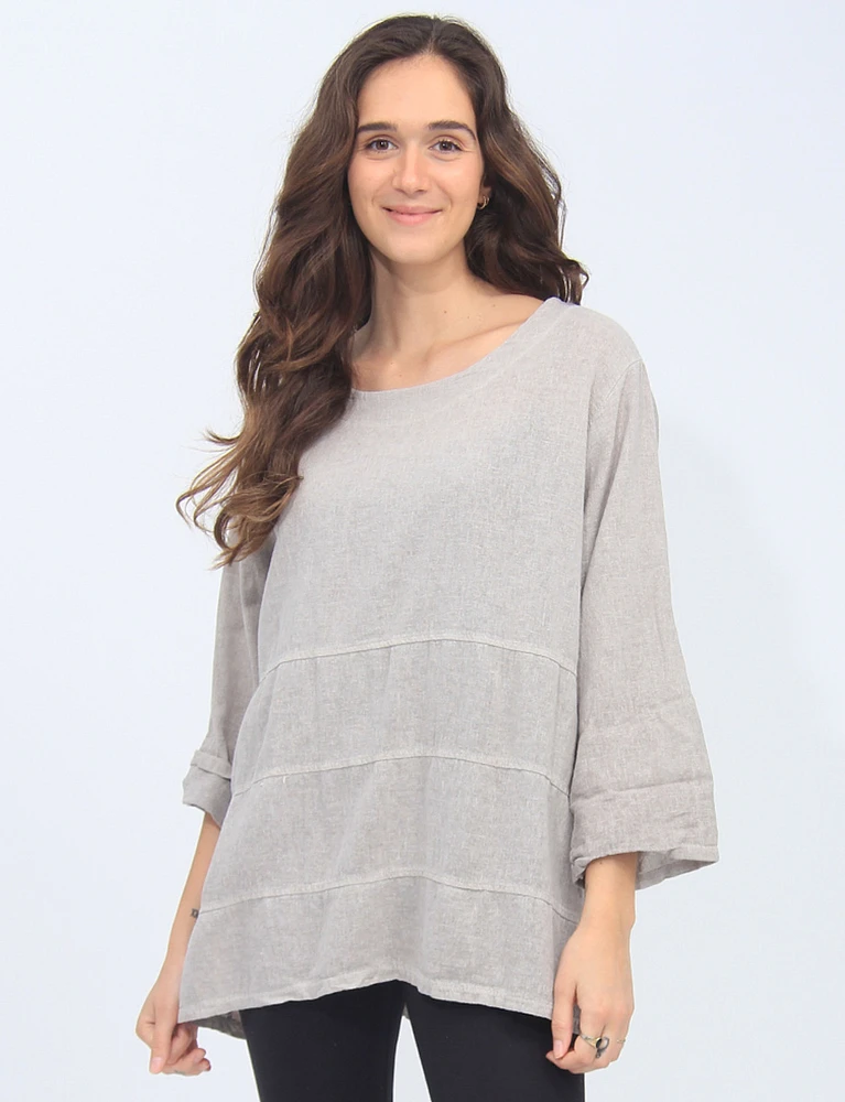 Light Linen Blend Three-quarter Sleeve Horizontal Stitch Detail Top by Froccella