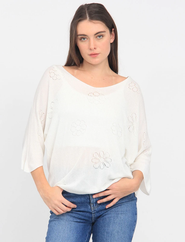 Perforated Floral Pattern V-Neck 3/4 Dolman Sleeve Soft Knit Top by Froccella