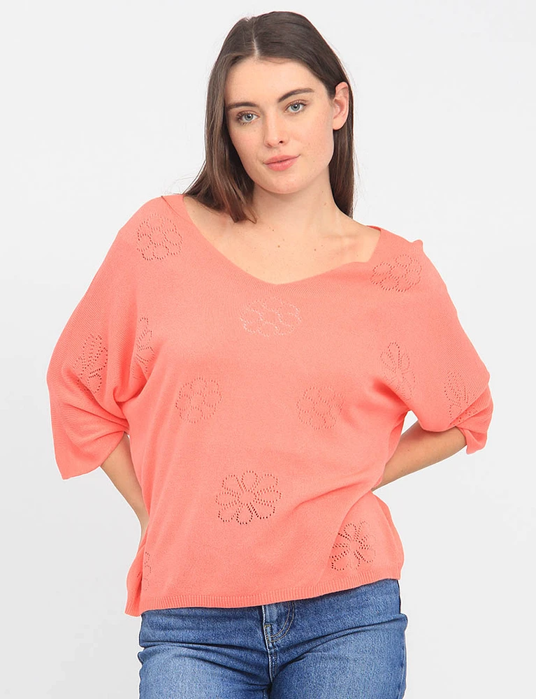 Perforated Floral Pattern V-Neck 3/4 Dolman Sleeve Soft Knit Top by Froccella