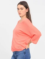 Perforated Floral Pattern V-Neck 3/4 Dolman Sleeve Soft Knit Top by Froccella