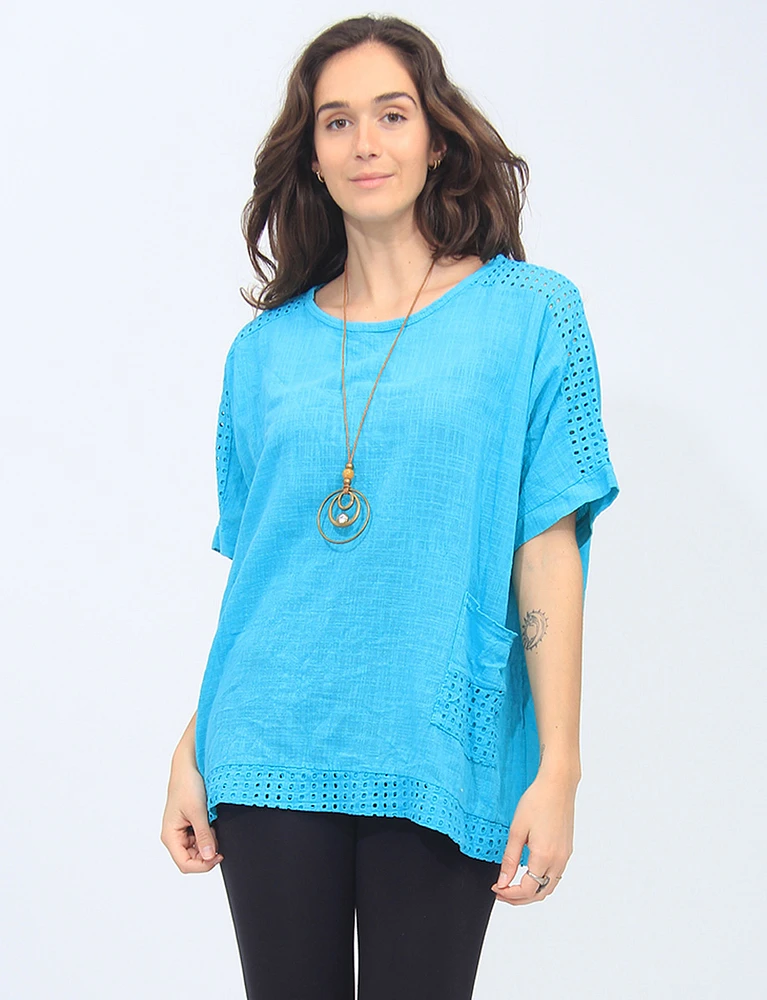 Loose Fit Cotton Blouse With Perforated Details and Necklace By Froccella