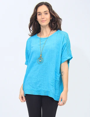 Loose Fit Cotton Blouse With Perforated Details and Necklace By Froccella