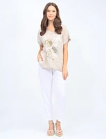 Linen Blend Metallic Heart and Butterfly Print Short Sleeve Top by Froccella