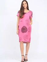 Circle Tree Trunk Print Linen Short Sleeves Knit Sides Cutout Dress by Froccella