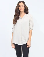 Long Button-down Hooded Shirt with Metallic Leaf Design On The Back By Froccella