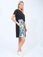 Colourful Abstract Face Print Pleated And Black T-shirt Dress By Froccella