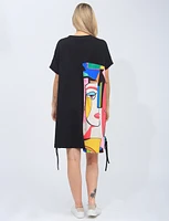 Colourful Abstract Face Print And Black Round Neck T-shirt Dress By Froccella