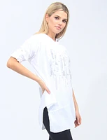 Hooded Three-Quarter Sleeves Paint Print and Rhinestone Top by Froccella