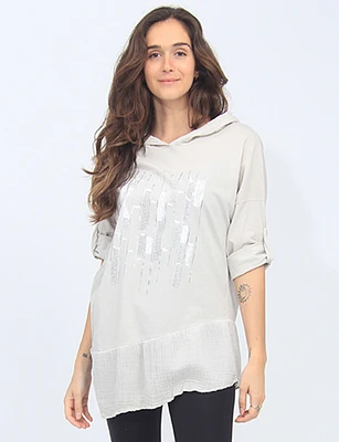 Hooded Three-Quarter Sleeves Paint Print and Rhinestone Top by Froccella