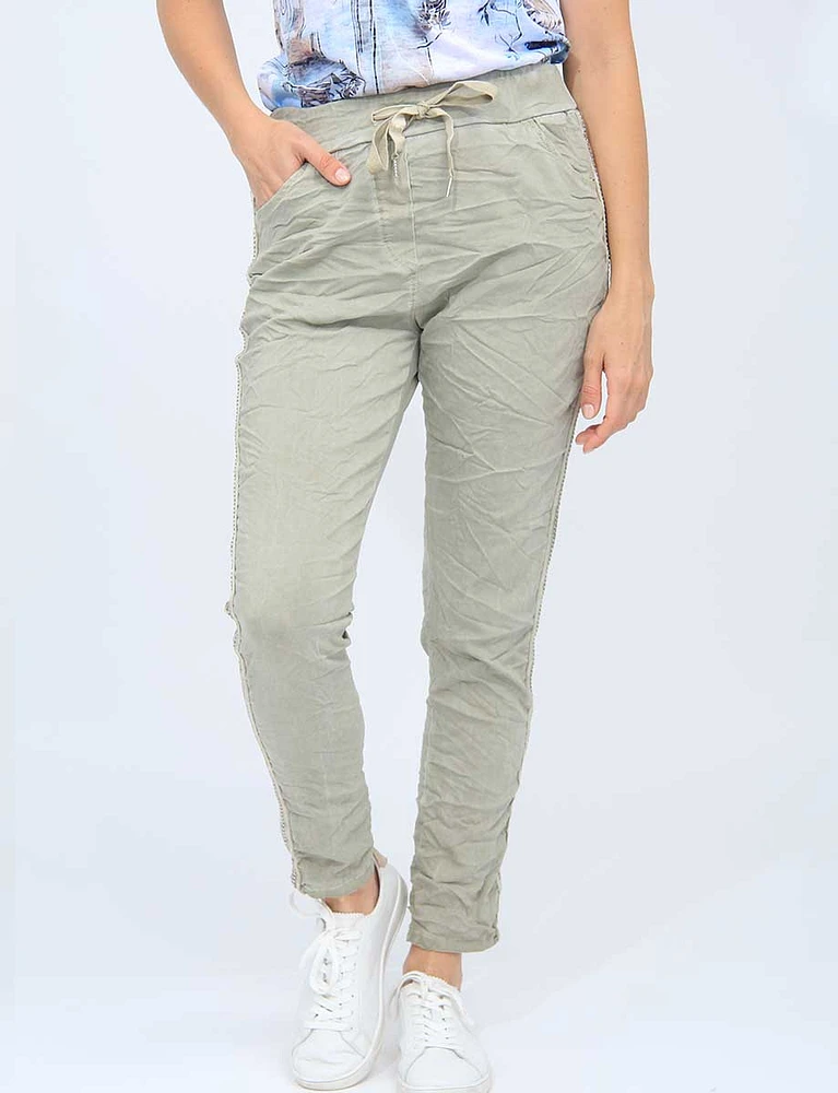 Crimpled Drawstring Waist Capri Pants with Studs On The Sides by Froccella