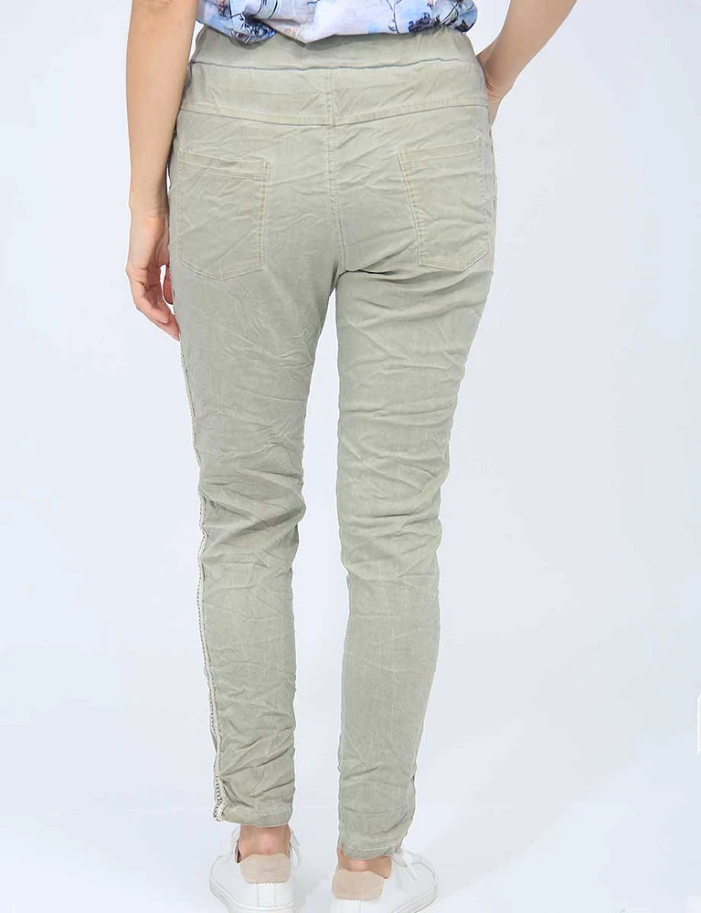 Crimpled Drawstring Waist Capri Pants with Studs On The Sides by Froccella