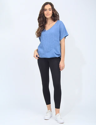 Solid Linen Blend Silver Stitching V-neck Short Sleeve Tunic by Froccella
