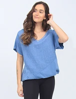 Solid Linen Blend Silver Stitching V-neck Short Sleeve Tunic by Froccella
