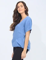 Solid Linen Blend Silver Stitching V-neck Short Sleeve Tunic by Froccella