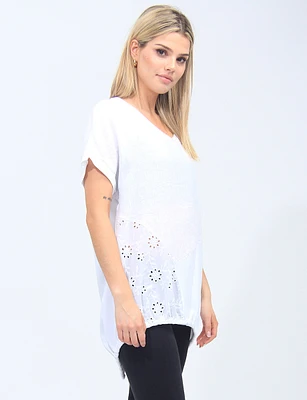 Solid Linen Blend Silver Stitching V-neck Short Sleeve Tunic by Froccella