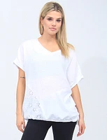 Solid Linen Blend Silver Stitching V-neck Short Sleeve Tunic by Froccella
