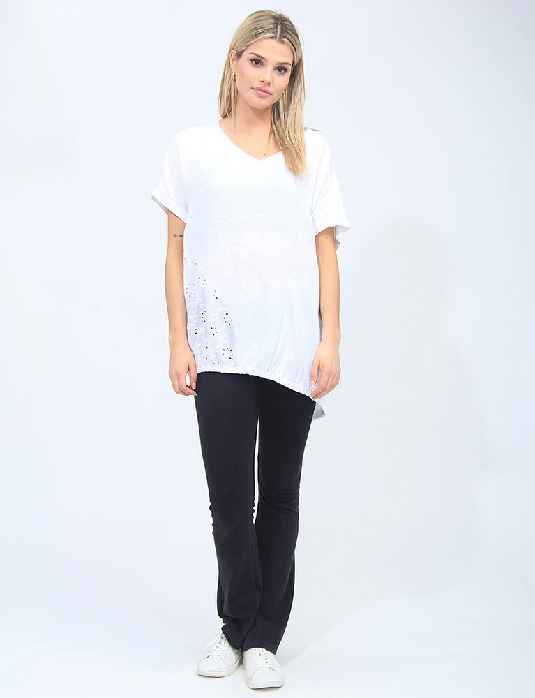 Solid Linen Blend Silver Stitching V-neck Short Sleeve Tunic by Froccella