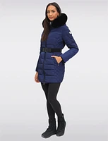 Eco-Down Vegan Belted Parka Dual Quilted Hooded Faux Fur Trimmed Coat by Saki