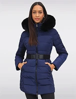 Eco-Down Vegan Belted Parka Dual Quilted Hooded Faux Fur Trimmed Coat by Saki