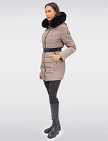 Eco-Down Vegan Belted Parka Dual Quilted Hooded Faux Fur Trimmed Coat by Saki