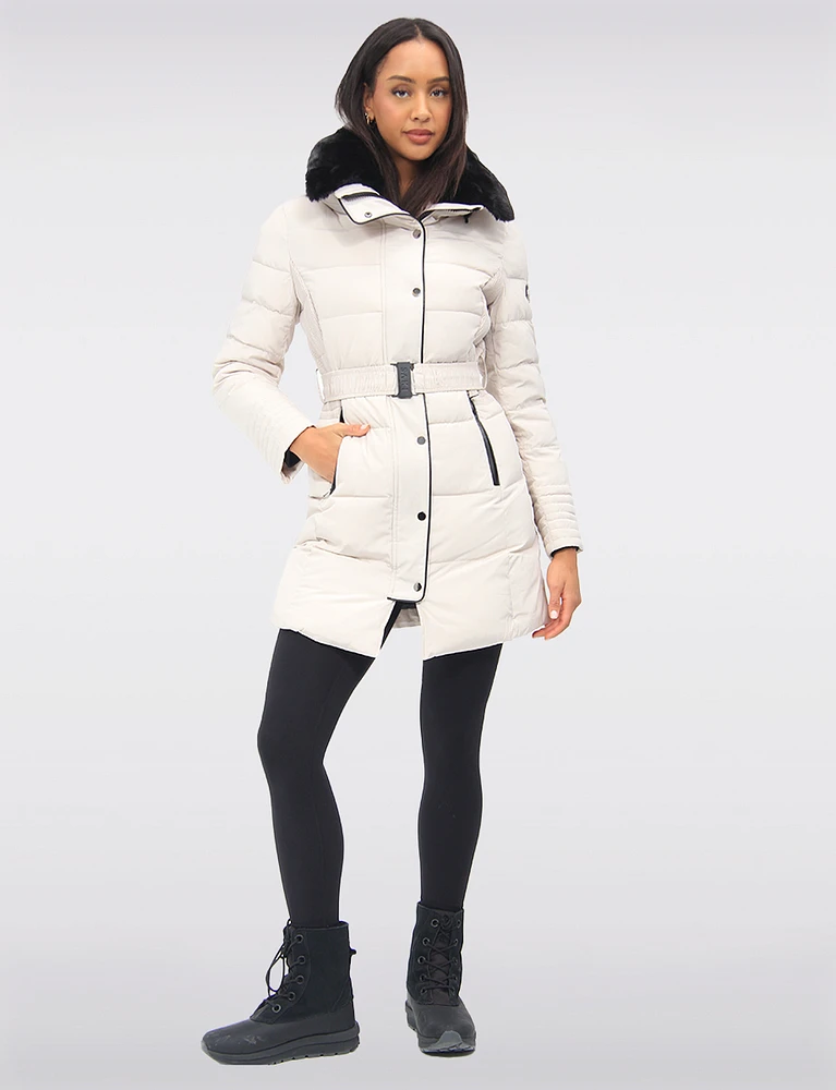 Vegan Eco-Down High Collar Puffer Jacket Cinched Waist & Detachable Hood by Saki