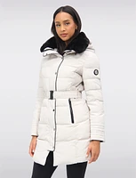 Vegan Eco-Down High Collar Puffer Jacket Cinched Waist & Detachable Hood by Saki