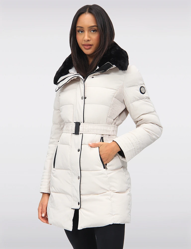 Vegan Eco-Down High Collar Puffer Jacket Cinched Waist & Detachable Hood by Saki