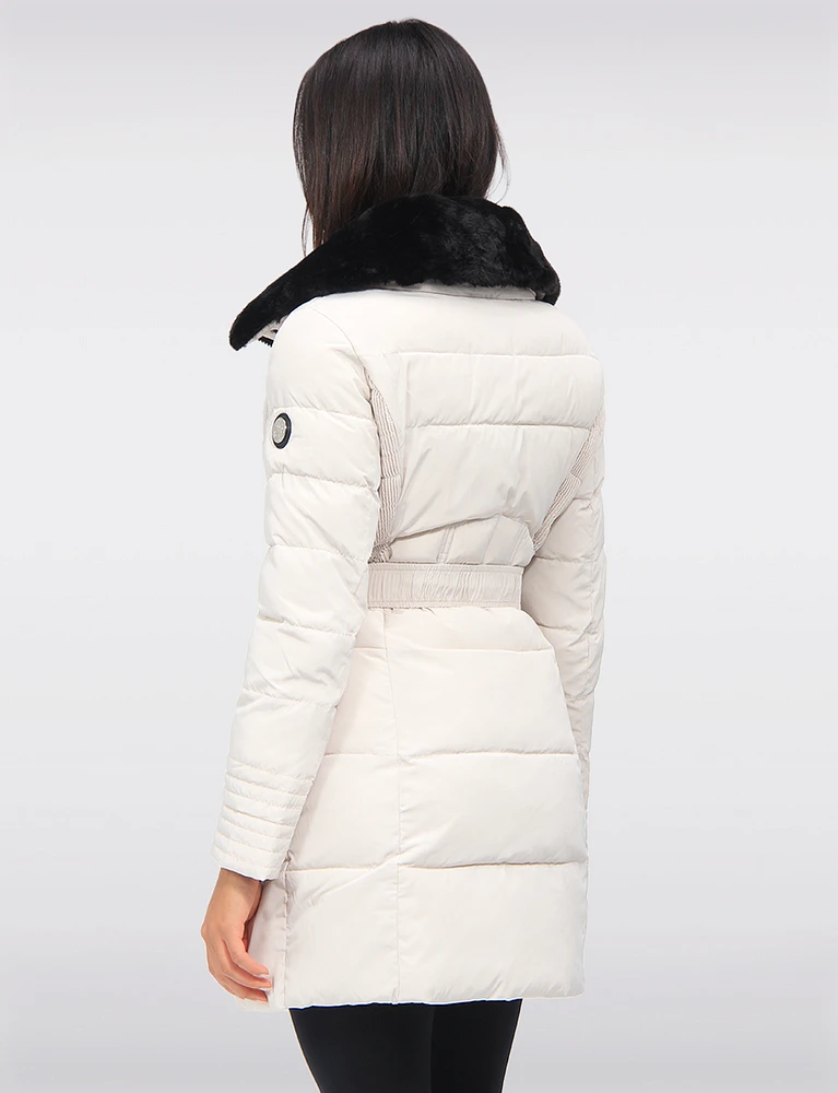 Vegan Eco-Down High Collar Puffer Jacket Cinched Waist & Detachable Hood by Saki