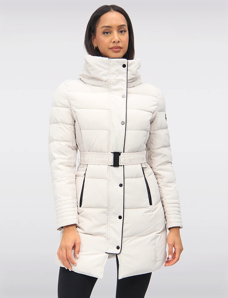 Vegan Eco-Down High Collar Puffer Jacket Cinched Waist & Detachable Hood by Saki