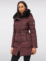 Vegan Eco-Down High Collar Puffer Jacket Cinched Waist & Detachable Hood by Saki