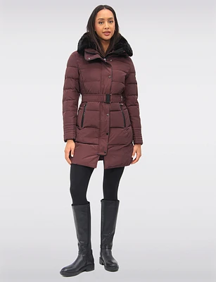 Vegan Eco-Down High Collar Puffer Jacket Cinched Waist & Detachable Hood by Saki