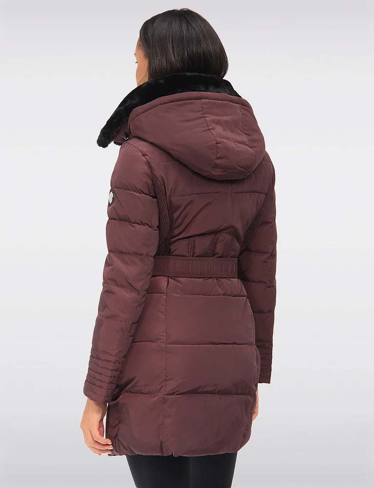 Vegan Eco-Down High Collar Puffer Jacket Cinched Waist & Detachable Hood by Saki